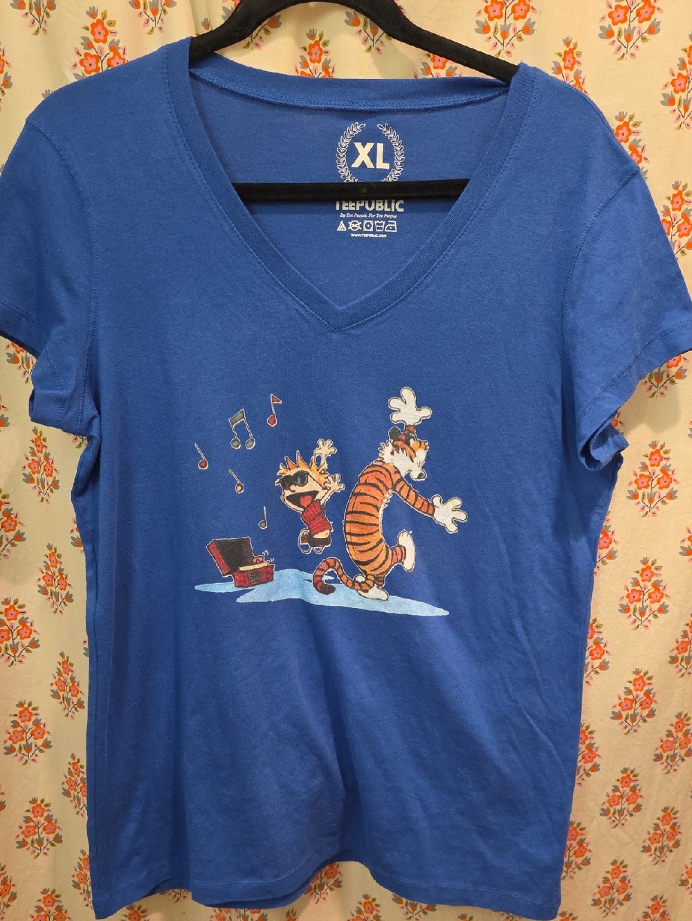 Calvin And Hobbs Blue V-Neck Graphic Tee - Women’s Short Sleeve